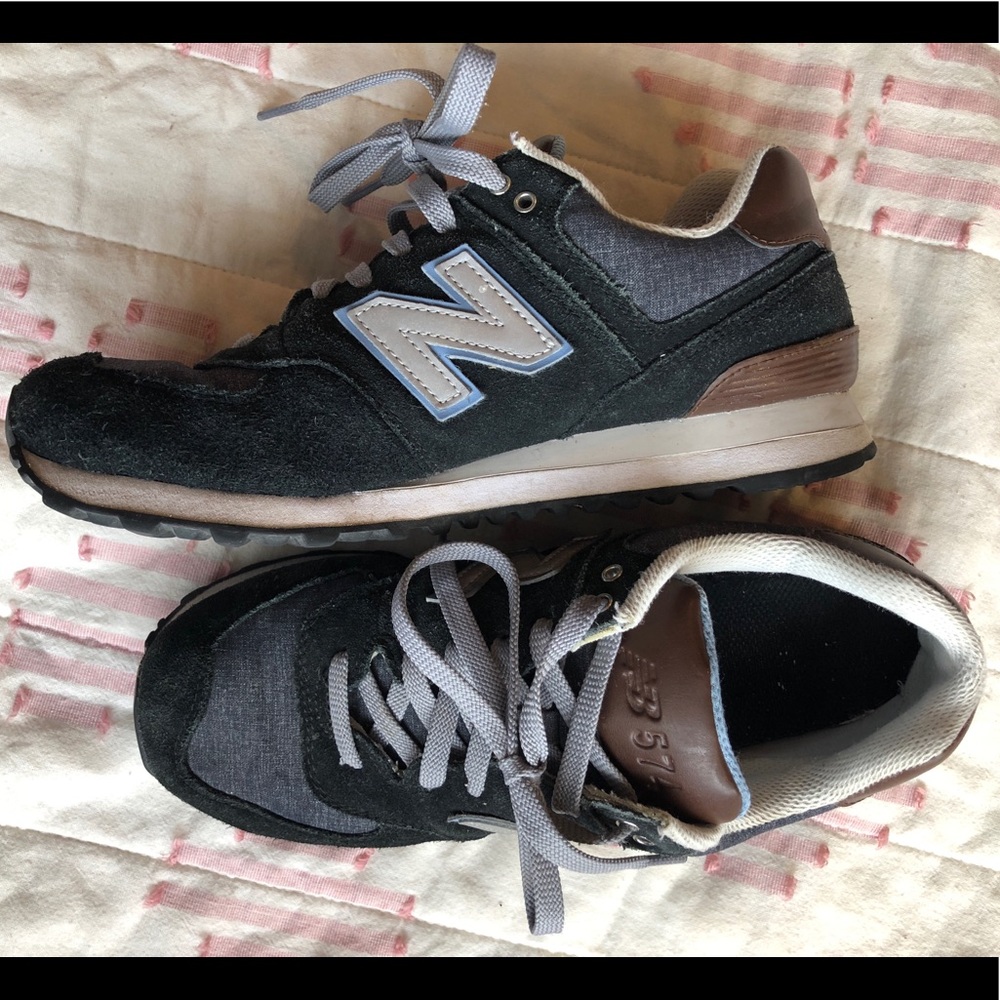 New Balance 574 black leather and light blue shoes